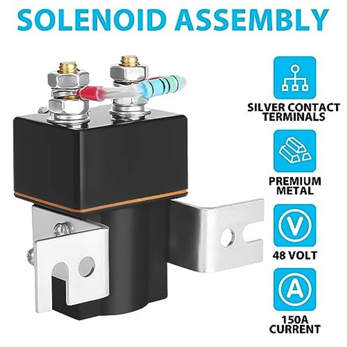 48V solenoid assembly with silver contact terminals and color-coded connector leads.