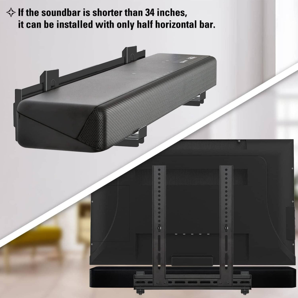 Soundbar mount bracket with full and half horizontal bar options for shorter bars