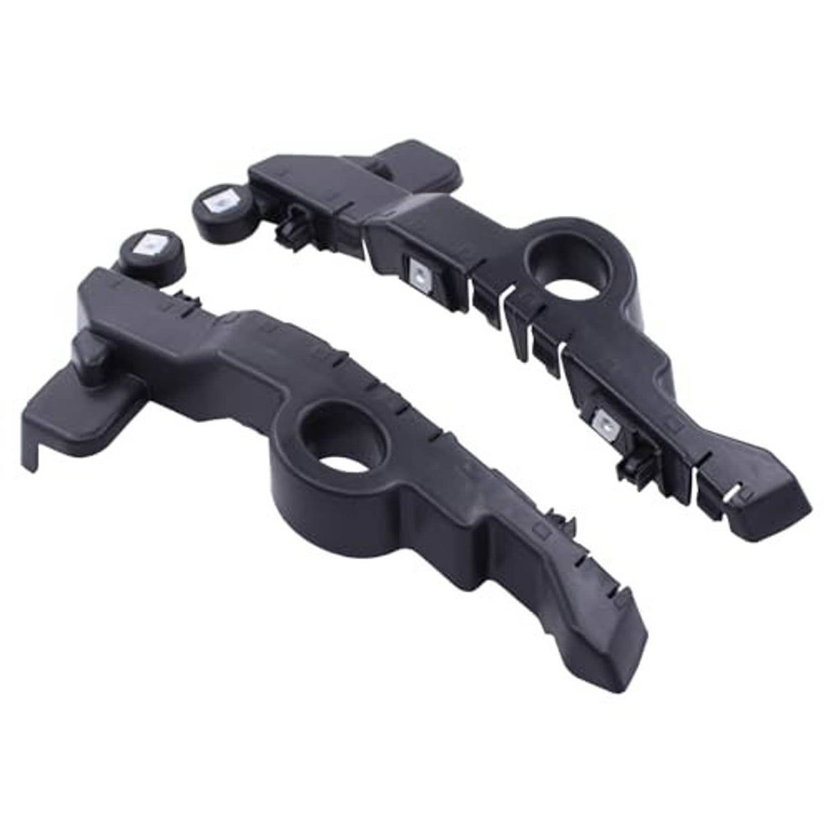 Pair of black bumper bracket guides with circular mounting openings and tabs