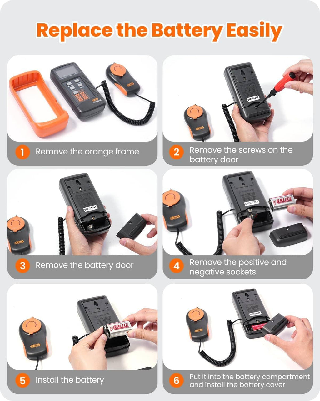 Digital light meter with opened battery compartment and included tools for replacement