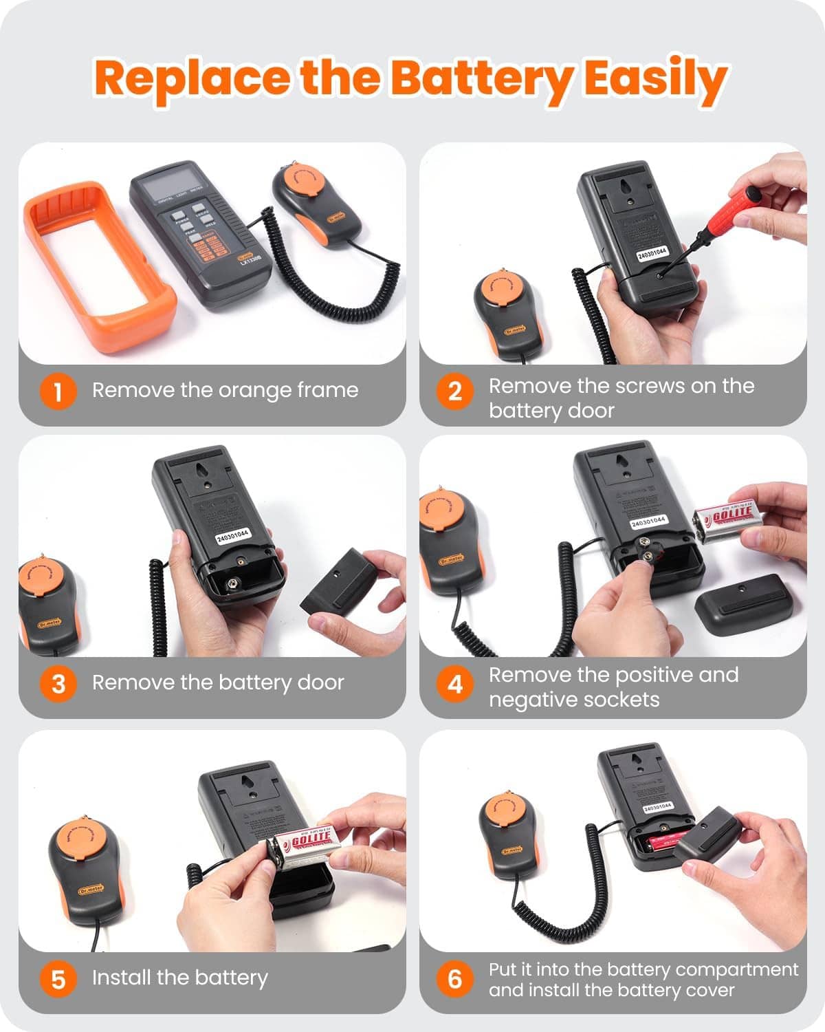 Digital light meter with opened battery compartment and included tools for replacement