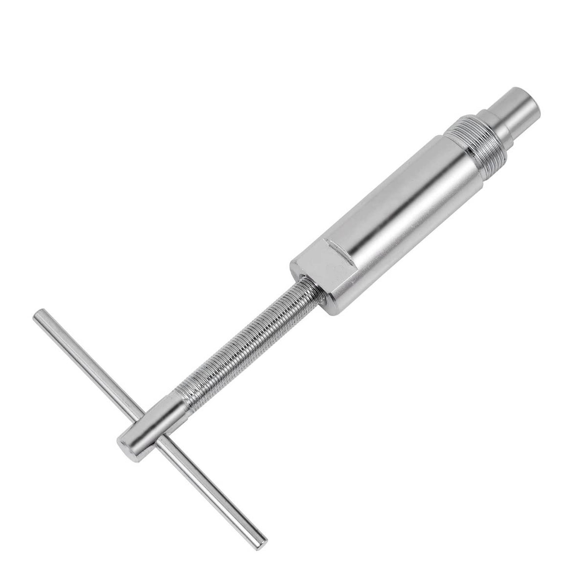 Compression sleeve puller tool with long threaded rod, sleeve holder, and T-handle bar.
