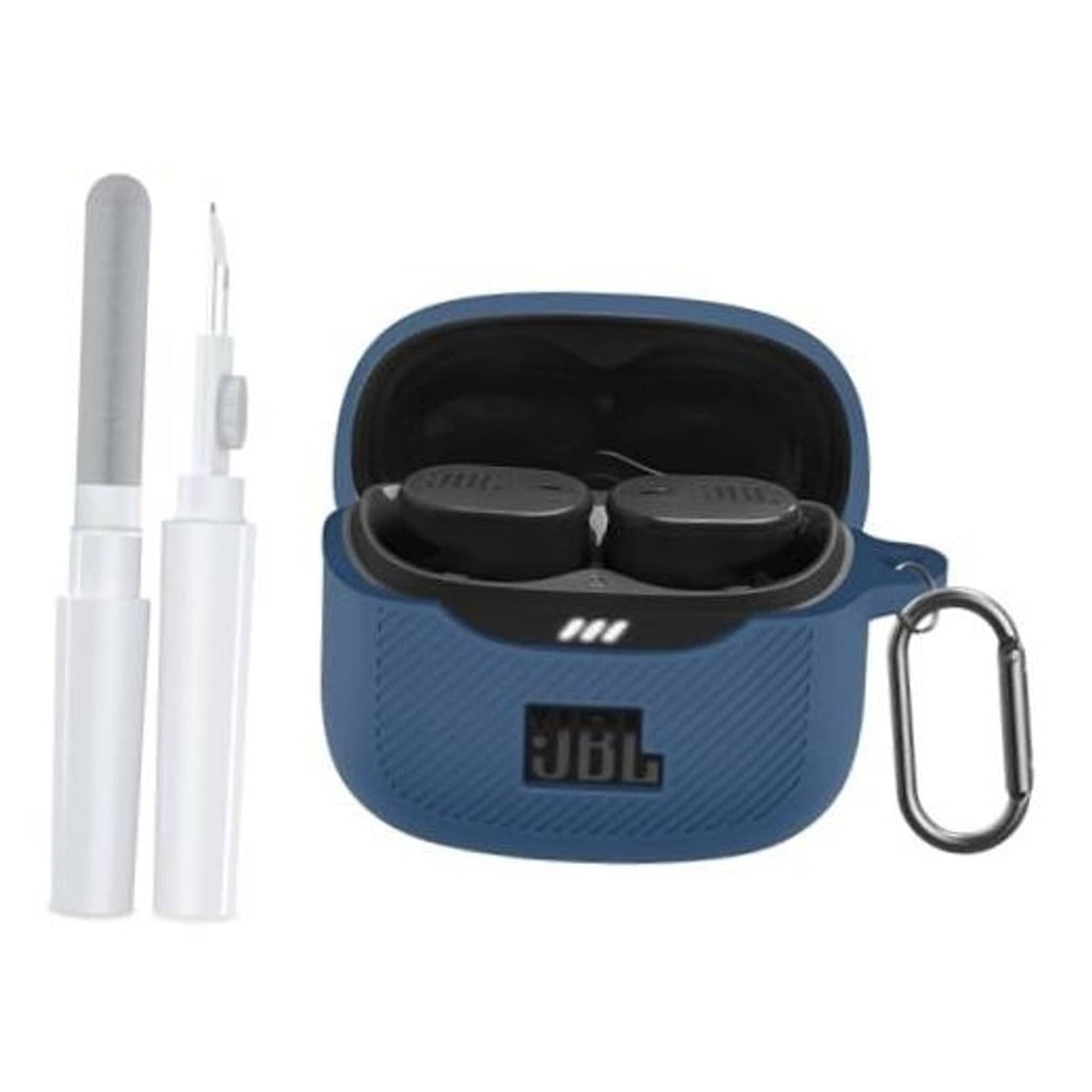 Dark blue silicone earbuds case cover, open lid, JBL logo, metal carabiner clip