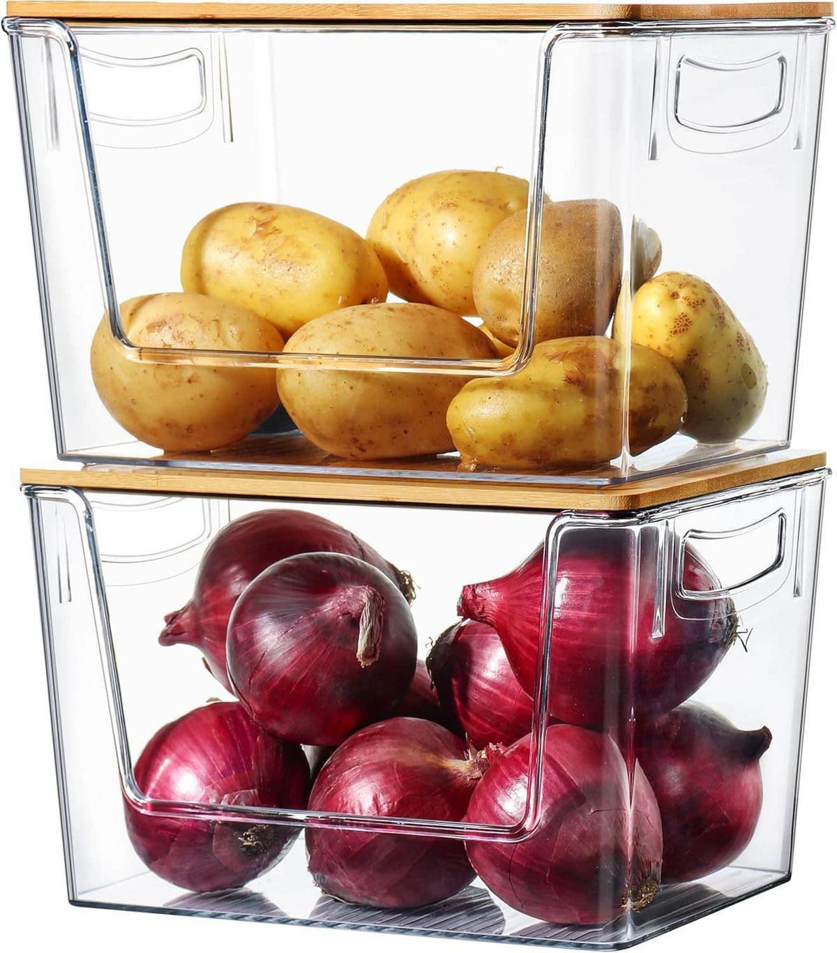 2-pack clear pantry storage bins with bamboo lids and organizer dividers