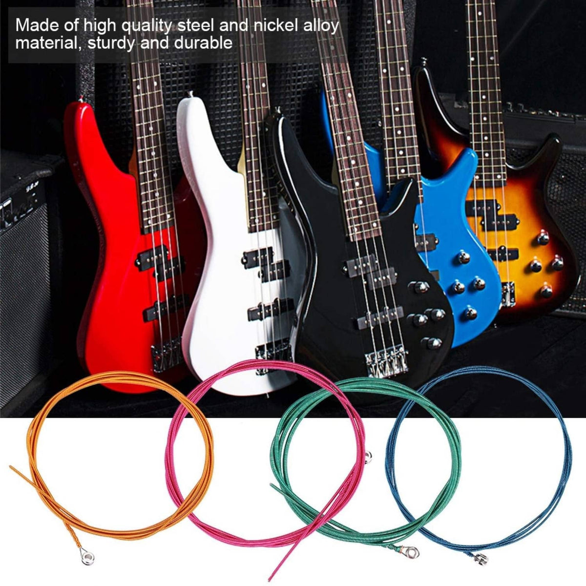 Multiple coiled steel bass strings in orange, pink, green, and blue with silver end hardware