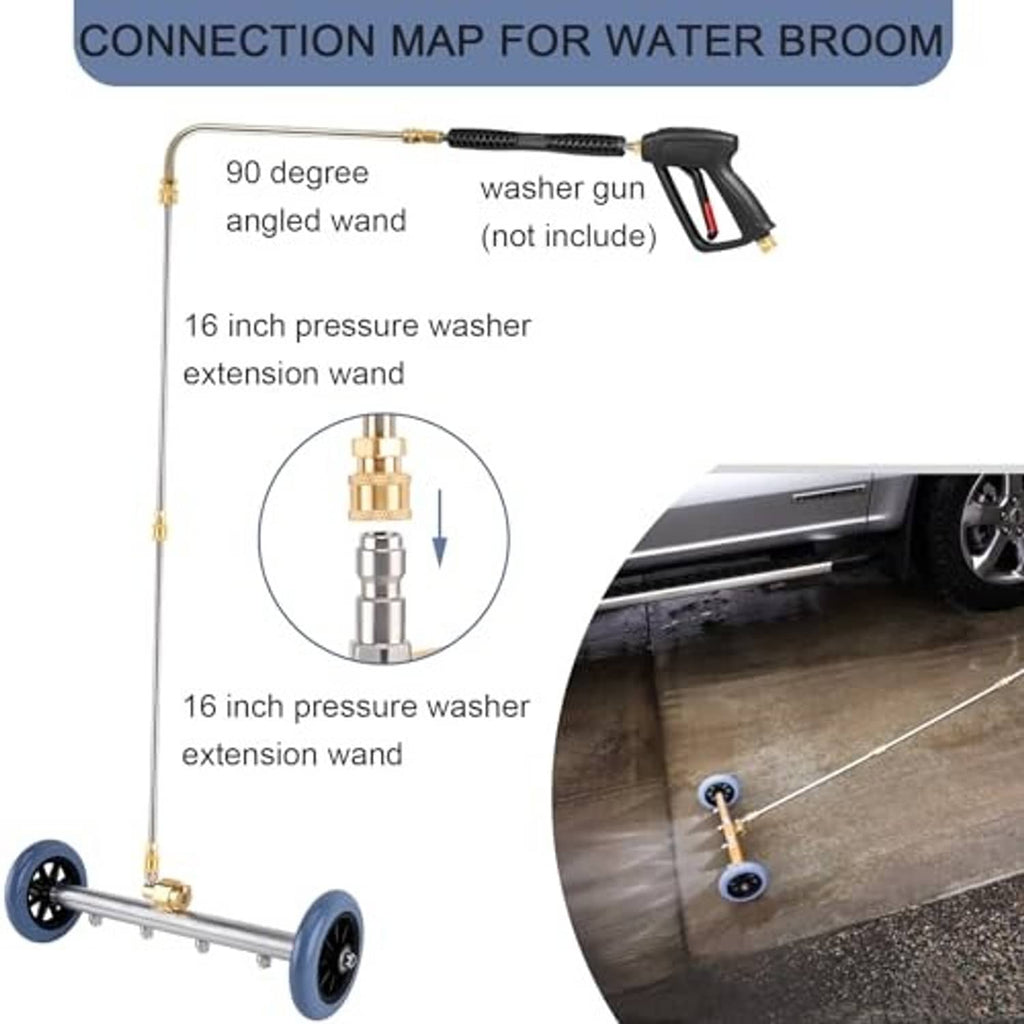 Undercarriage pressure washer water broom with extension wands and brass angled connector