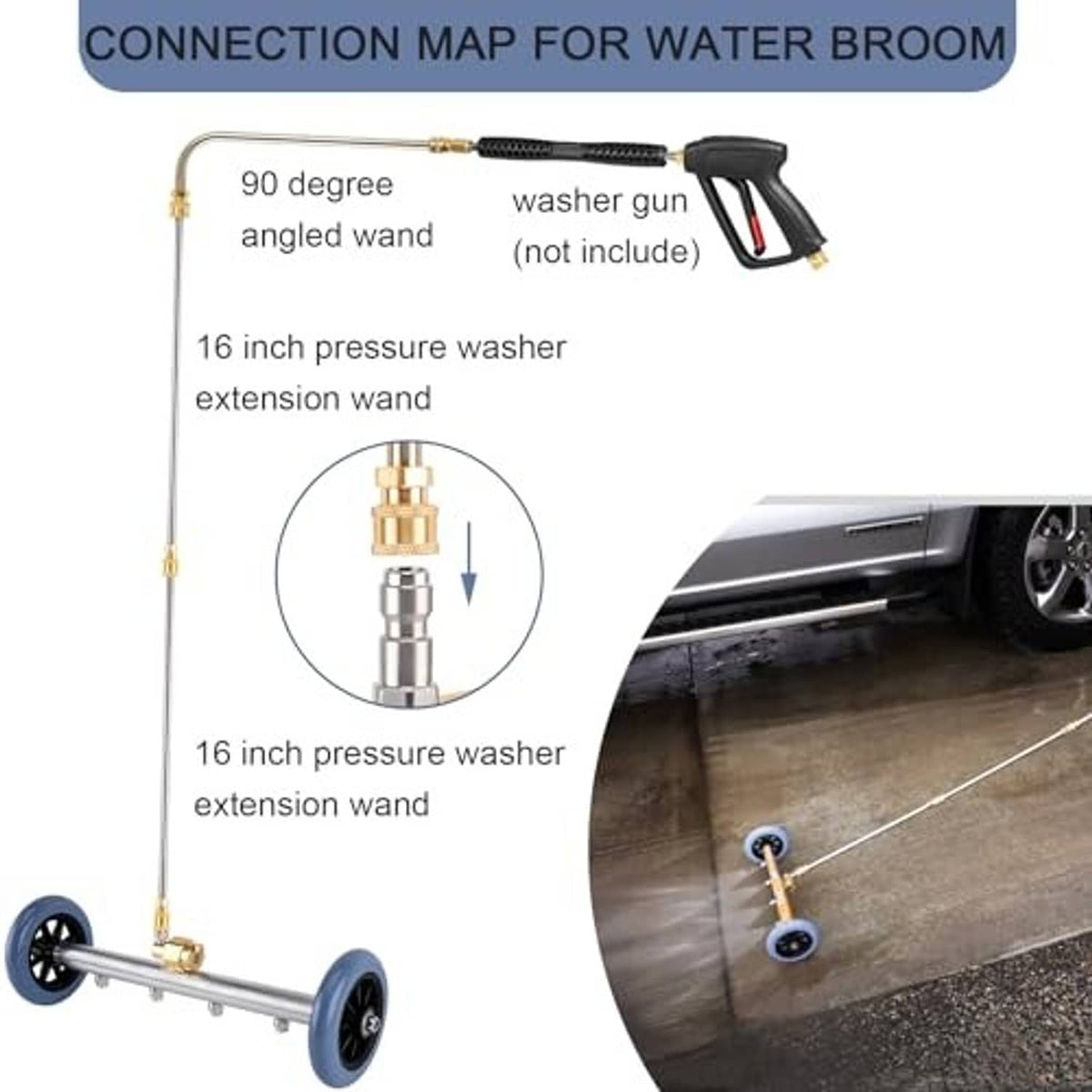 Undercarriage pressure washer water broom with extension wands and brass angled connector