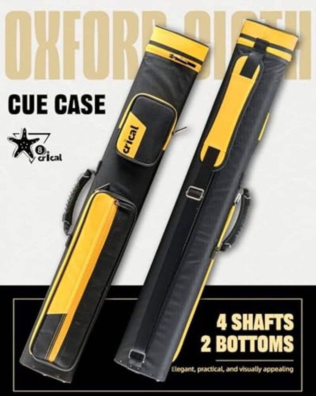 Black and yellow pool cue case with stitched compartments, carry straps, and side latch