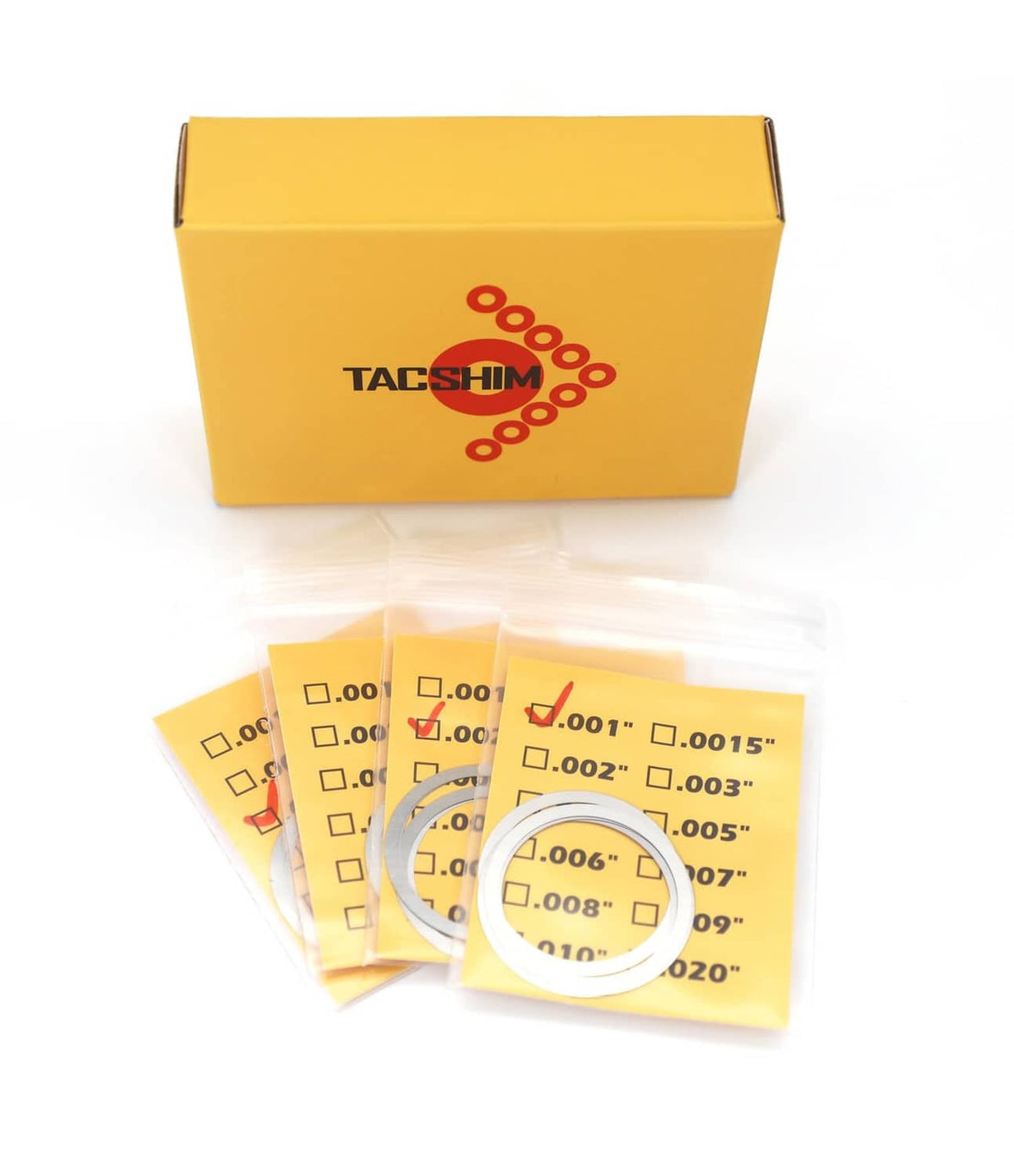 TACSHIM box with blister packs containing gray barrel nut shim ring shims