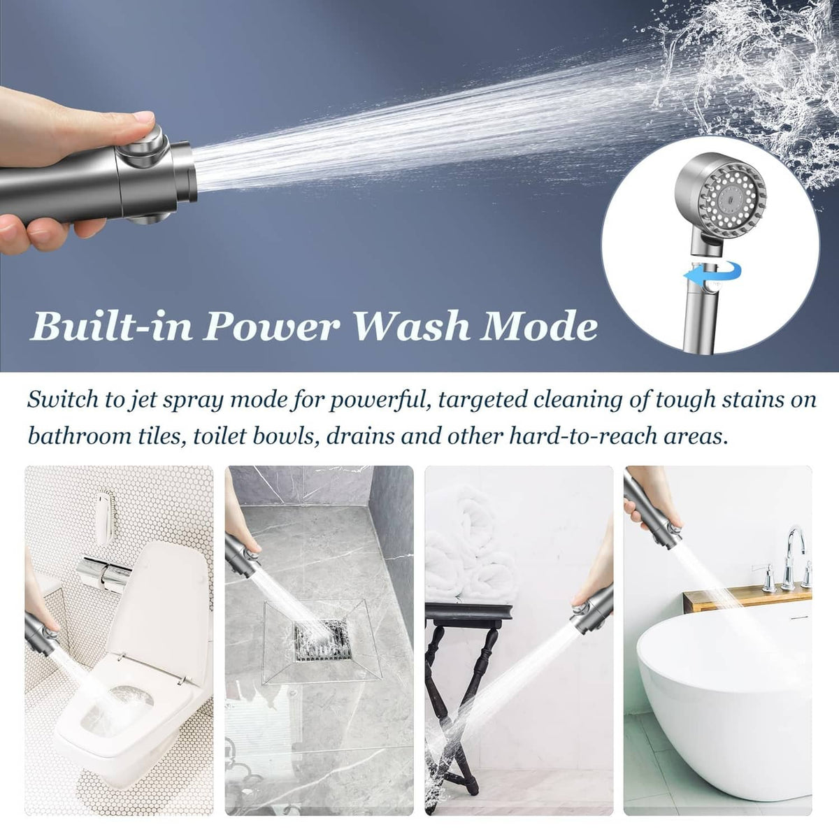 Handheld filtered shower head in power-wash jet mode with focused spray