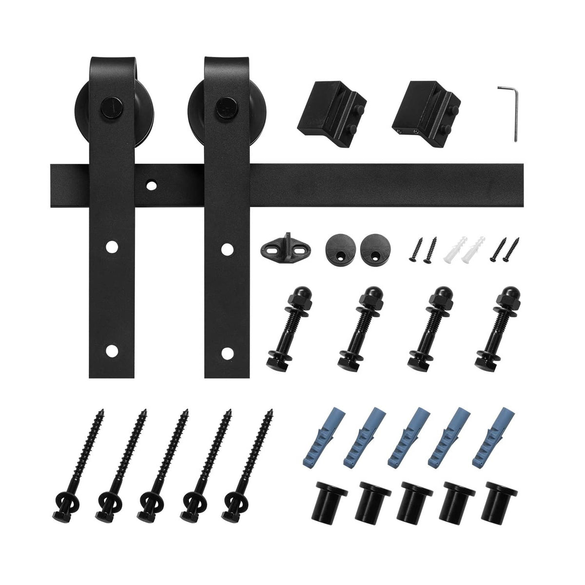 Black sliding barn door hardware kit pieces: track, rollers, brackets, screws, anchors