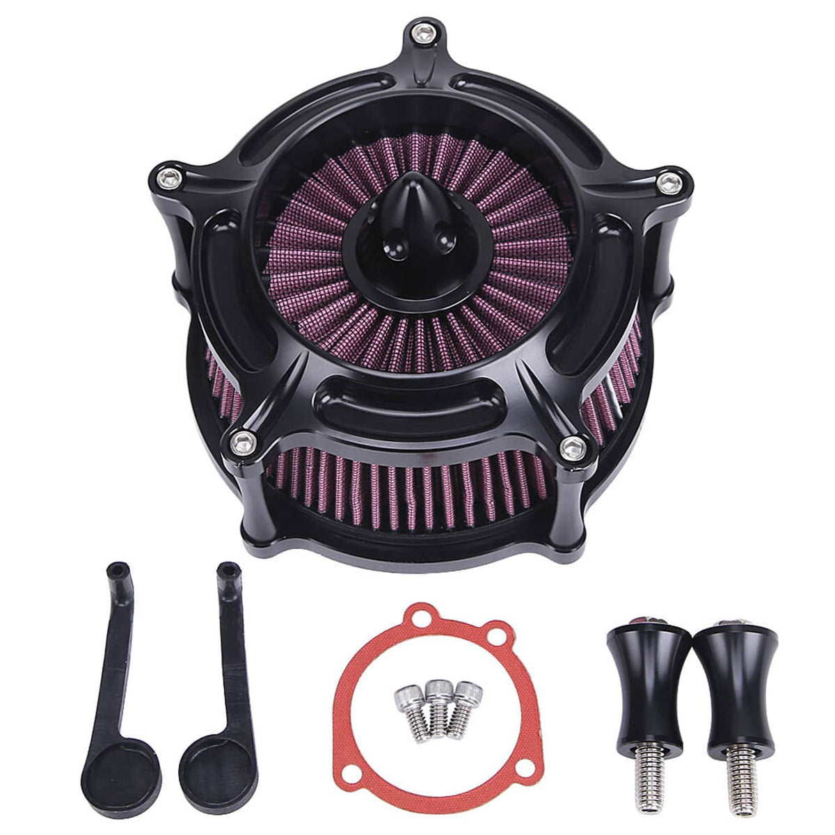 Black air cleaner intake filter kit with dual round cone filters, red gasket, bolts