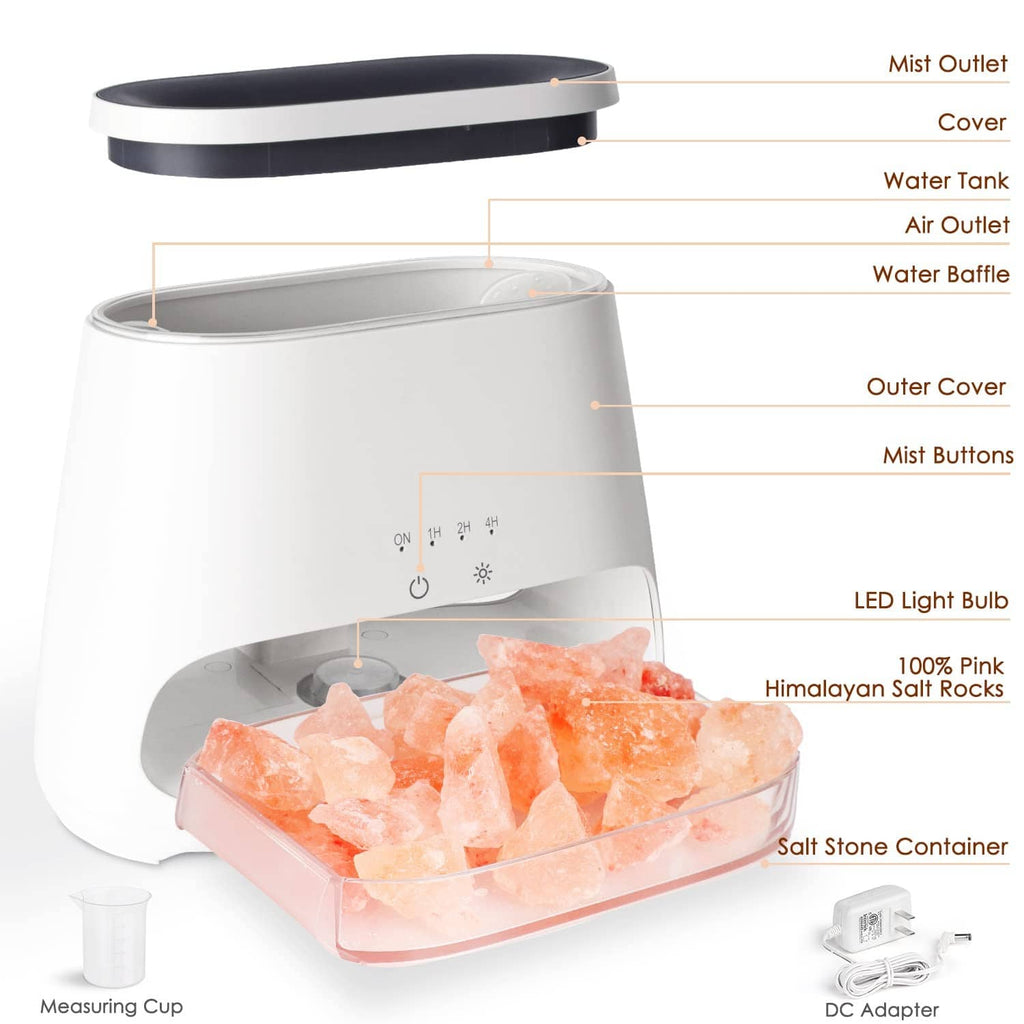 White salt lamp diffuser parts diagram with pink Himalayan salt rocks