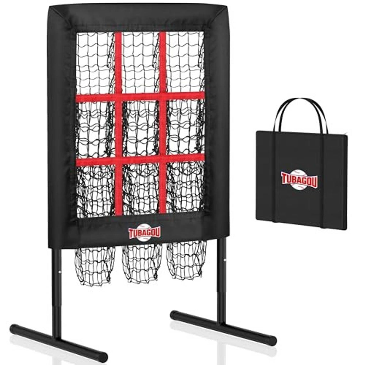 Pitching net target with red strike zone grid, black frame, and carrying bag