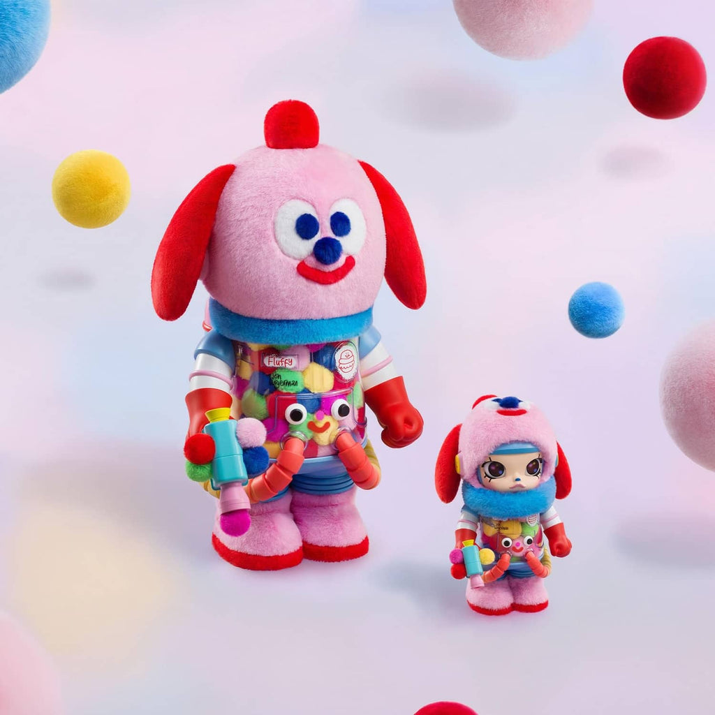 Pink plush astronaut collectible figure with matching small figure, red hood, blue trim
