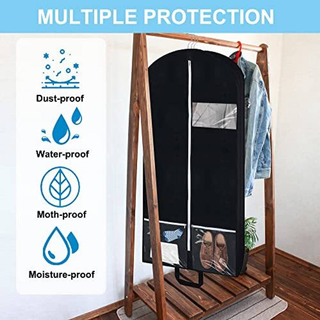 Black travel garment bag hanging on a rack with front zipper and clear window pocket