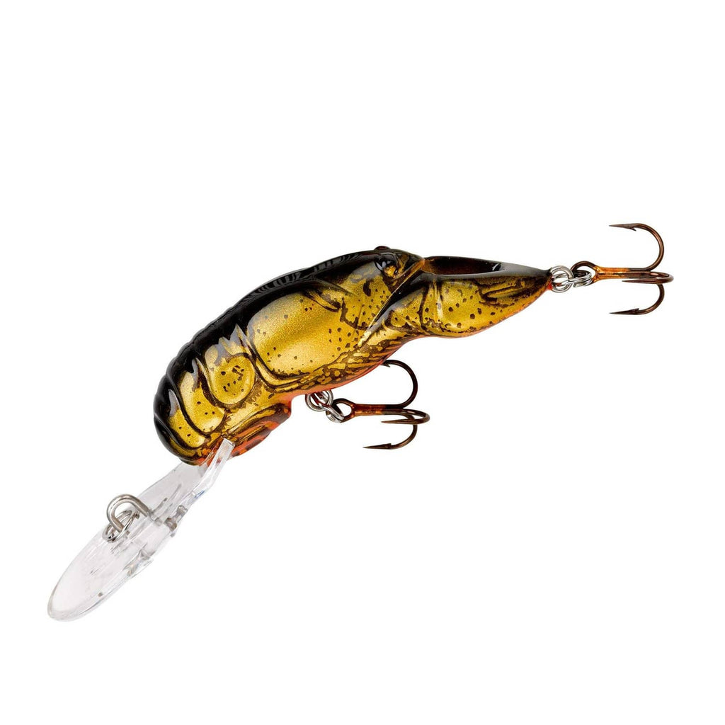 Crankbait lure with clear lip, dark mottled yellow-brown body, three treble hooks