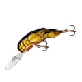 Crankbait lure with clear lip, dark mottled yellow-brown body, three treble hooks