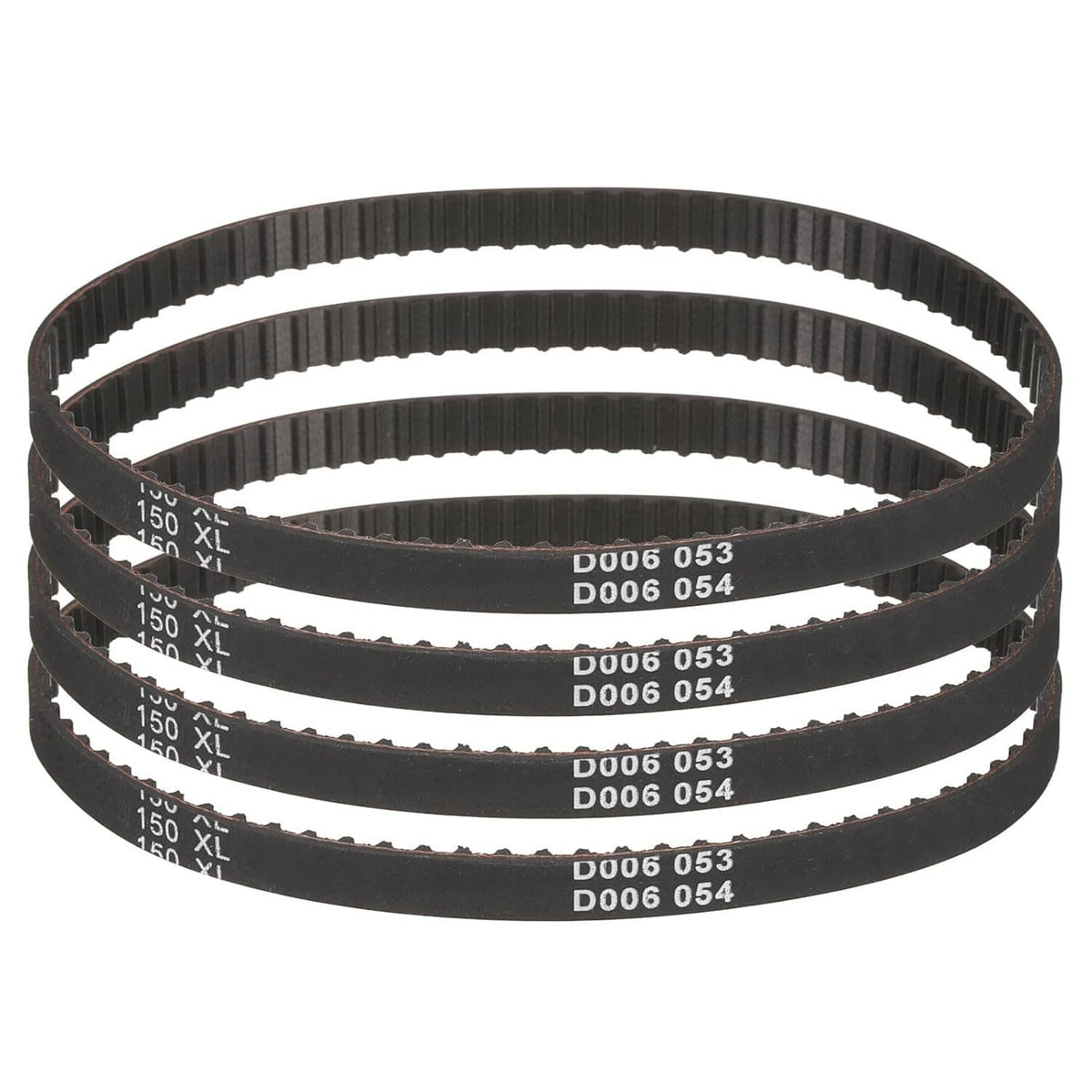 Four black rubber timing belts with printed codes on the flat side
