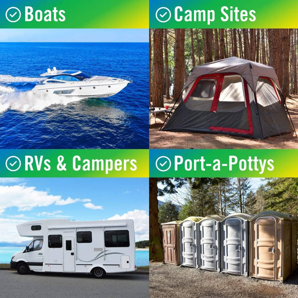Toilet paper compatibility icons for boats, RVs, campsites, and port-a-potties