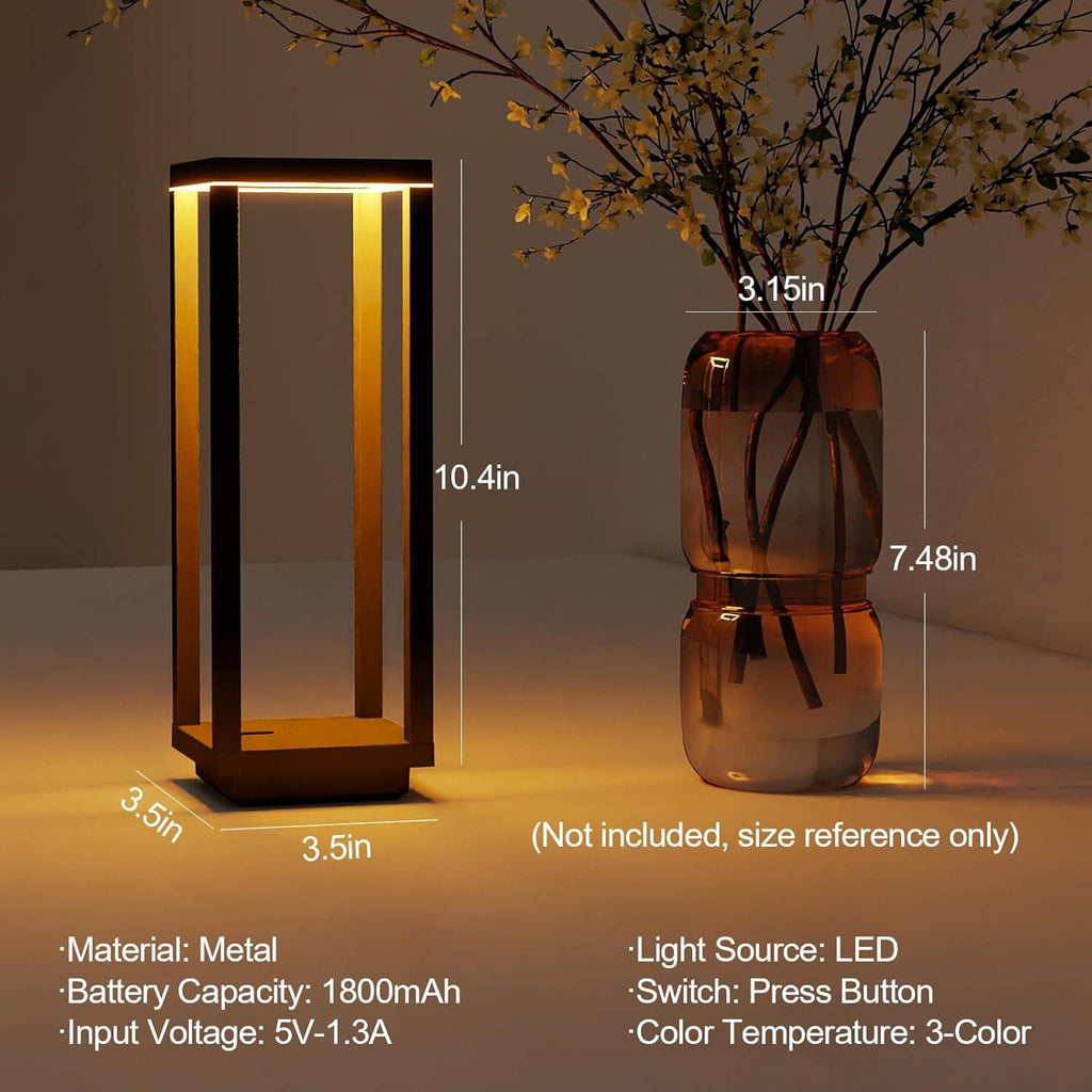Black outdoor lantern table lamp with warm LED light, compact rectangular frame