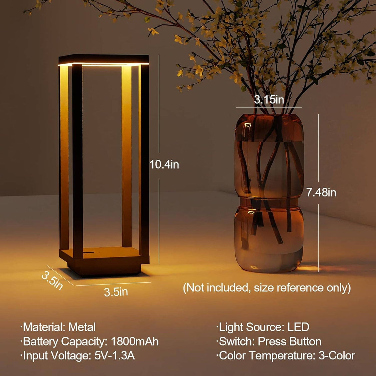Black outdoor lantern table lamp with warm LED light, compact rectangular frame