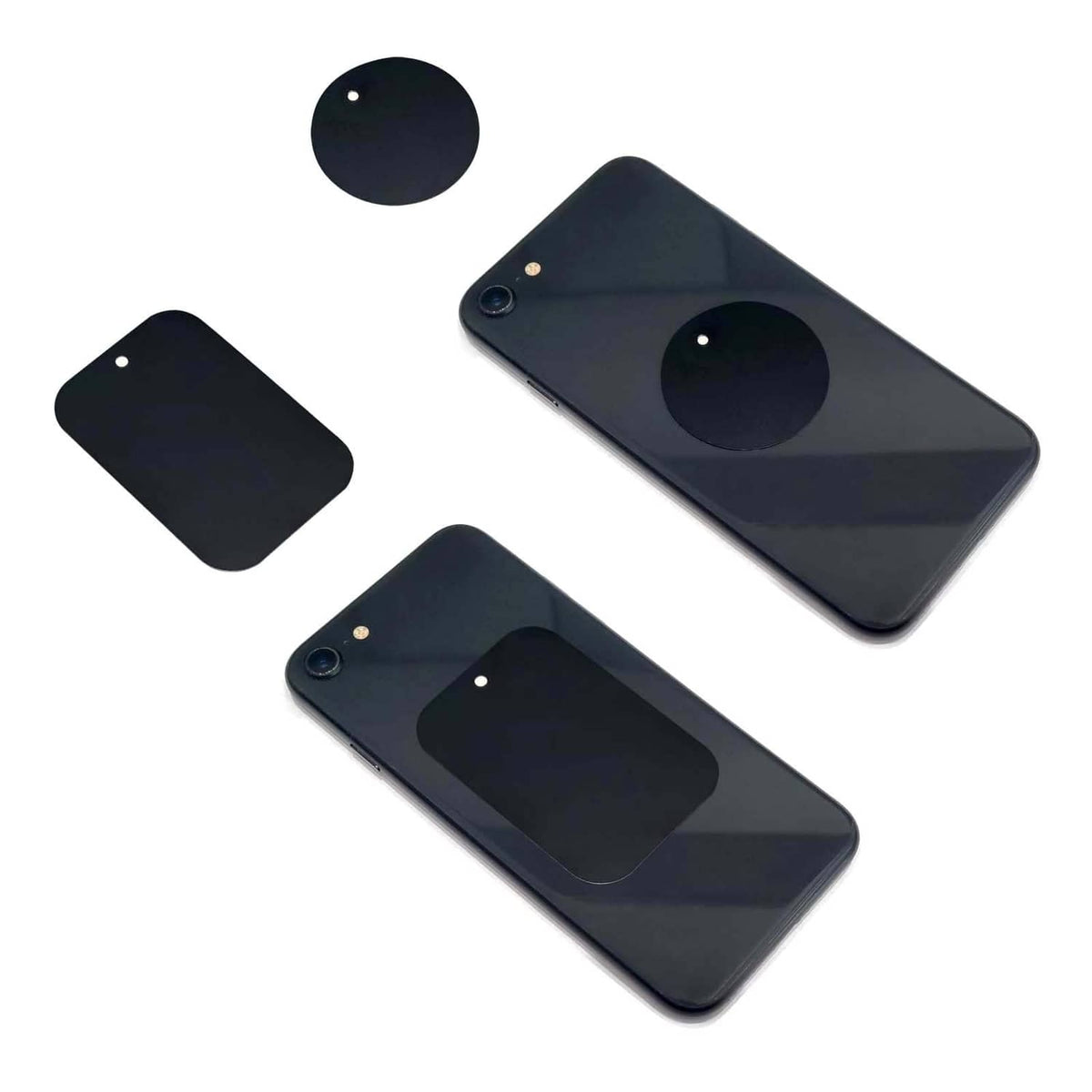 Black adhesive metal plates shown on phone backs and loose round and square disks