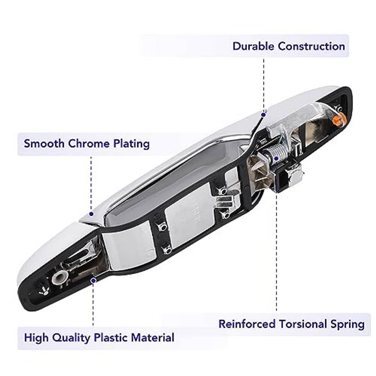 Chrome exterior door handle with black backing and exposed mounting components