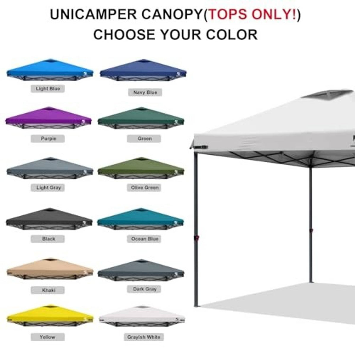 Canopy top cover color options; white with air vent plus folded tops in multiple colors