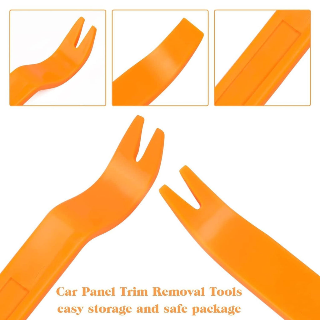 Orange curved pry tools for door panel trim removal, four-piece close-up