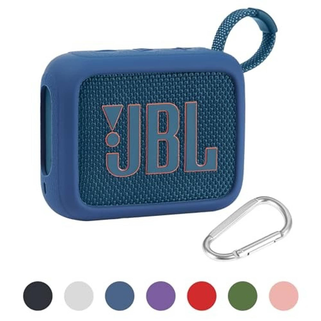 Blue silicone speaker case with JBL logo grille window, strap loop, and carabiner