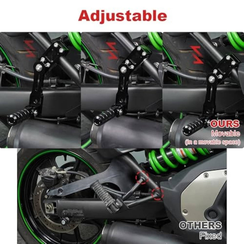 Adjustable highway peg mounts with movable foot peg position on a bike frame