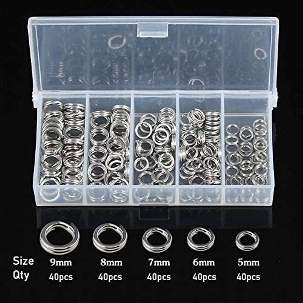 Clear organizer box of stainless steel split rings with size labels: 9mm to 5mm