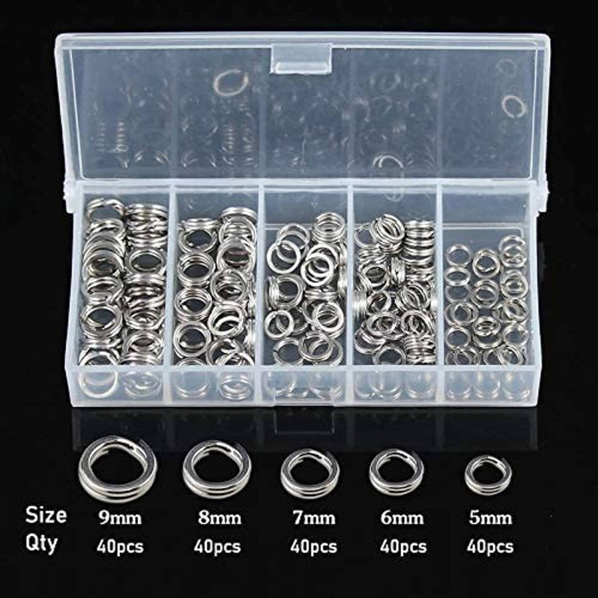 Clear organizer box of stainless steel split rings with size labels: 9mm to 5mm