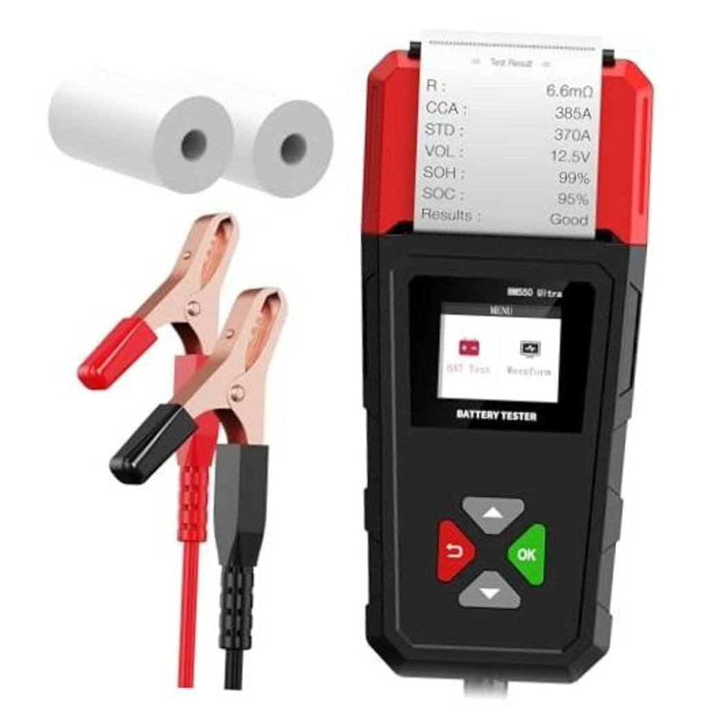 Car battery tester with built-in printer, red-and-black handheld display and buttons