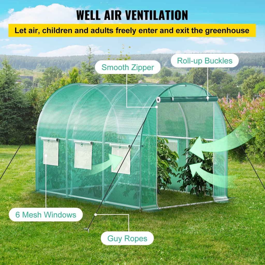 Green walk-in tunnel greenhouse with zippered door, roll-up buckles, and mesh windows