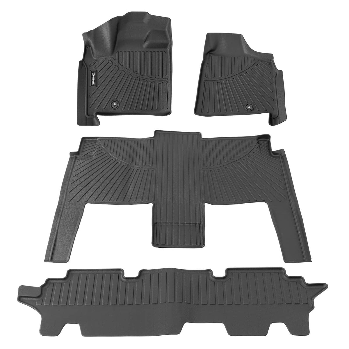 All-weather floor mat set with textured grooves and center divider cutout, dark gray