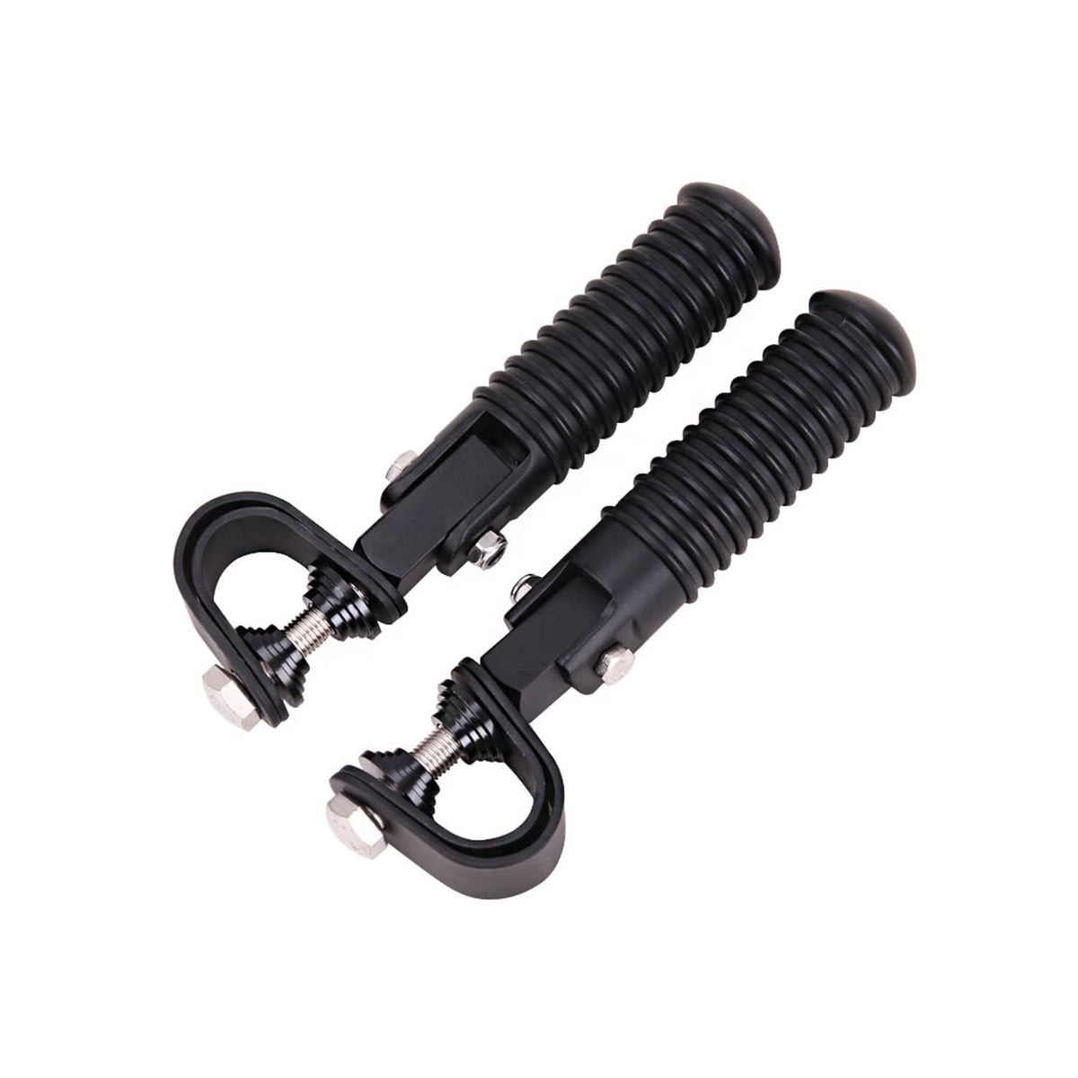 Set of black crash foot pegs with ribbed rubber grips and threaded bolts