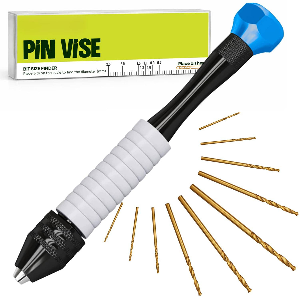 Pin vise hand drill tool with micro drill bits set, blue handle and white ribbed grip