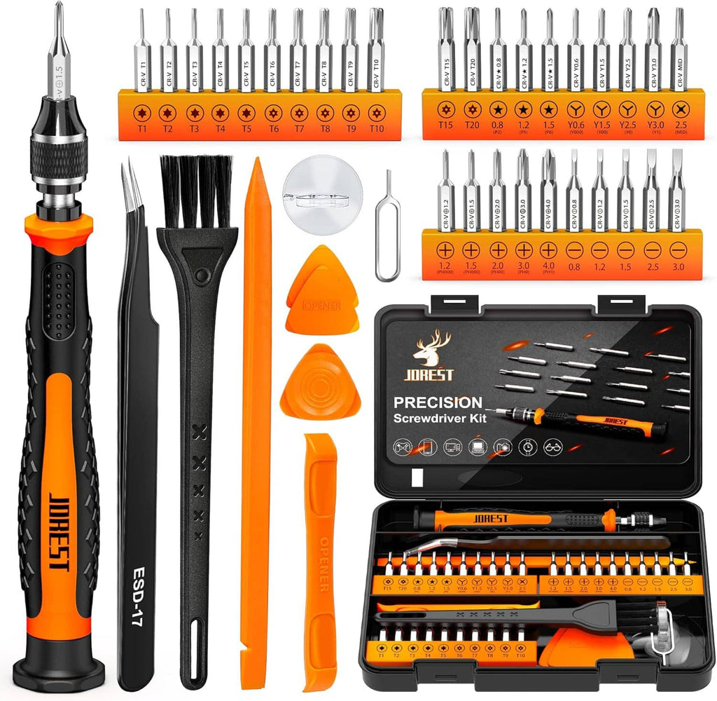 Precision screwdriver set with orange-and-black handle, bit storage case, and multiple bits