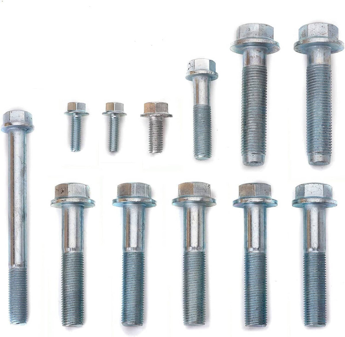 Transmission bolt kit with multiple zinc-plated hex-head bolts and threaded studs
