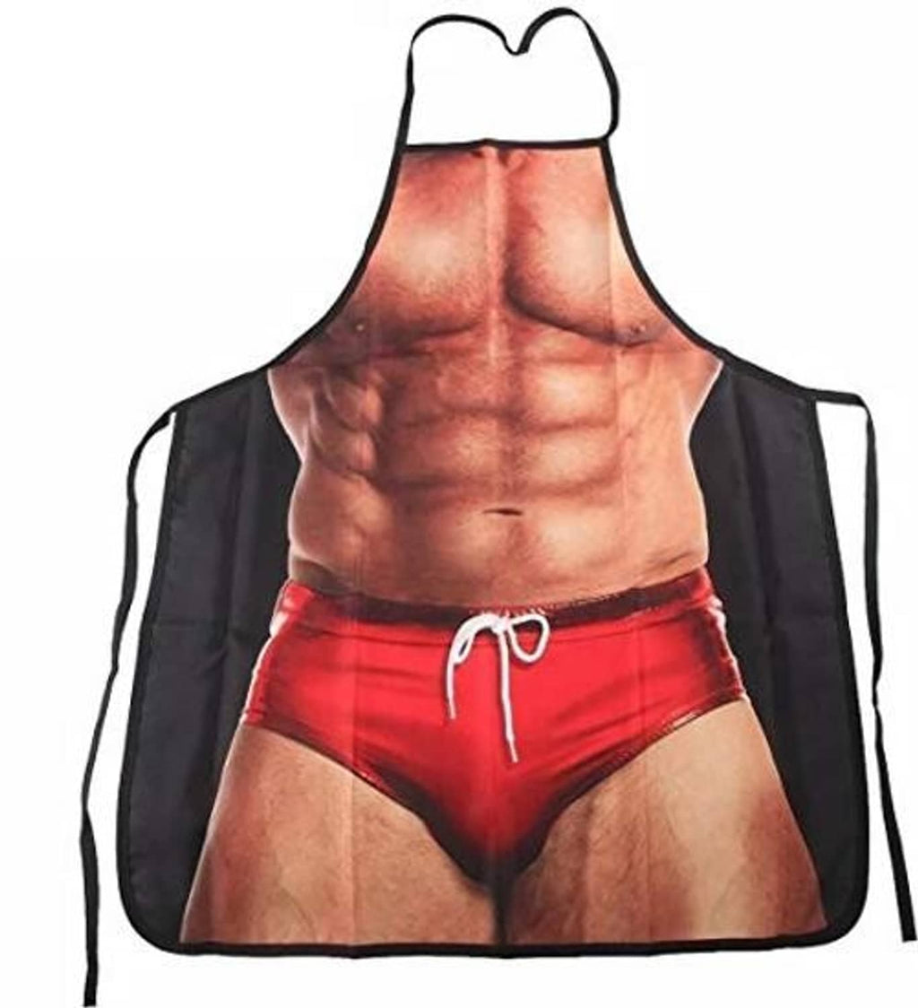 Funny muscle-man grilling apron with red swim-shorts graphic and black side ties