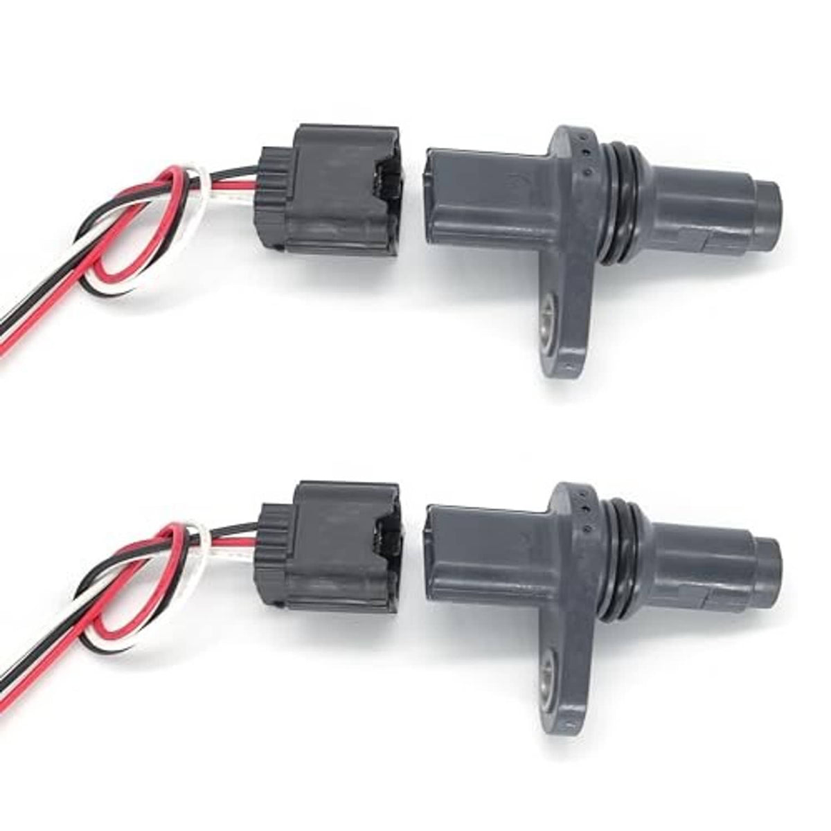 Camshaft position sensor pair with gray plug connectors and mounting bracket tabs
