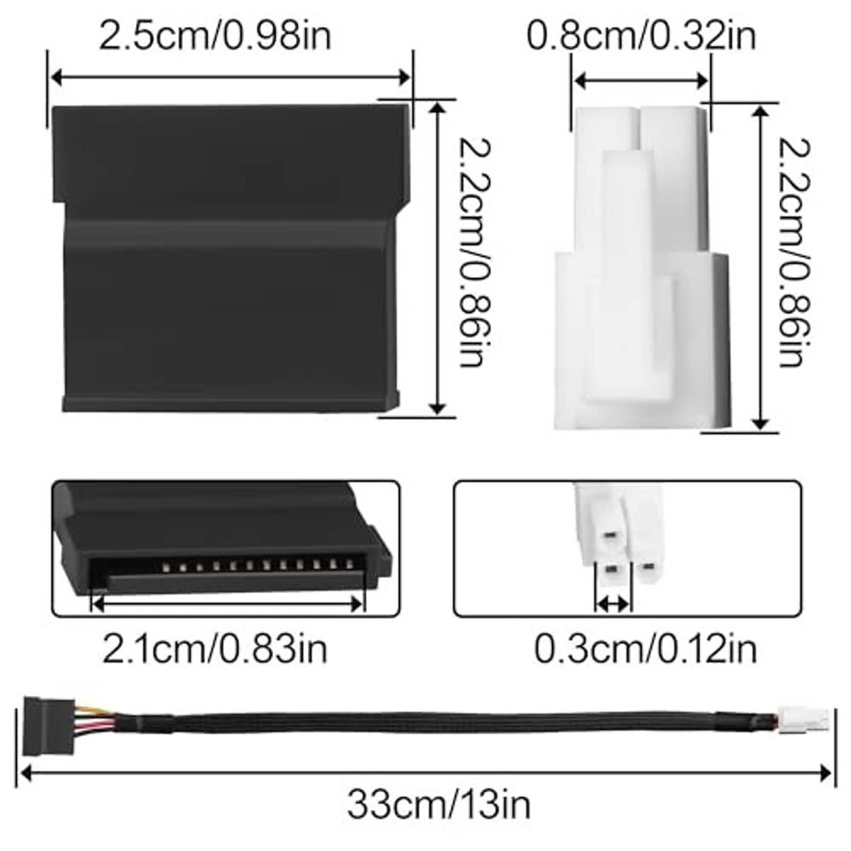 ATX 4-pin to SATA 15-pin adapter cable size chart: 33 cm length
