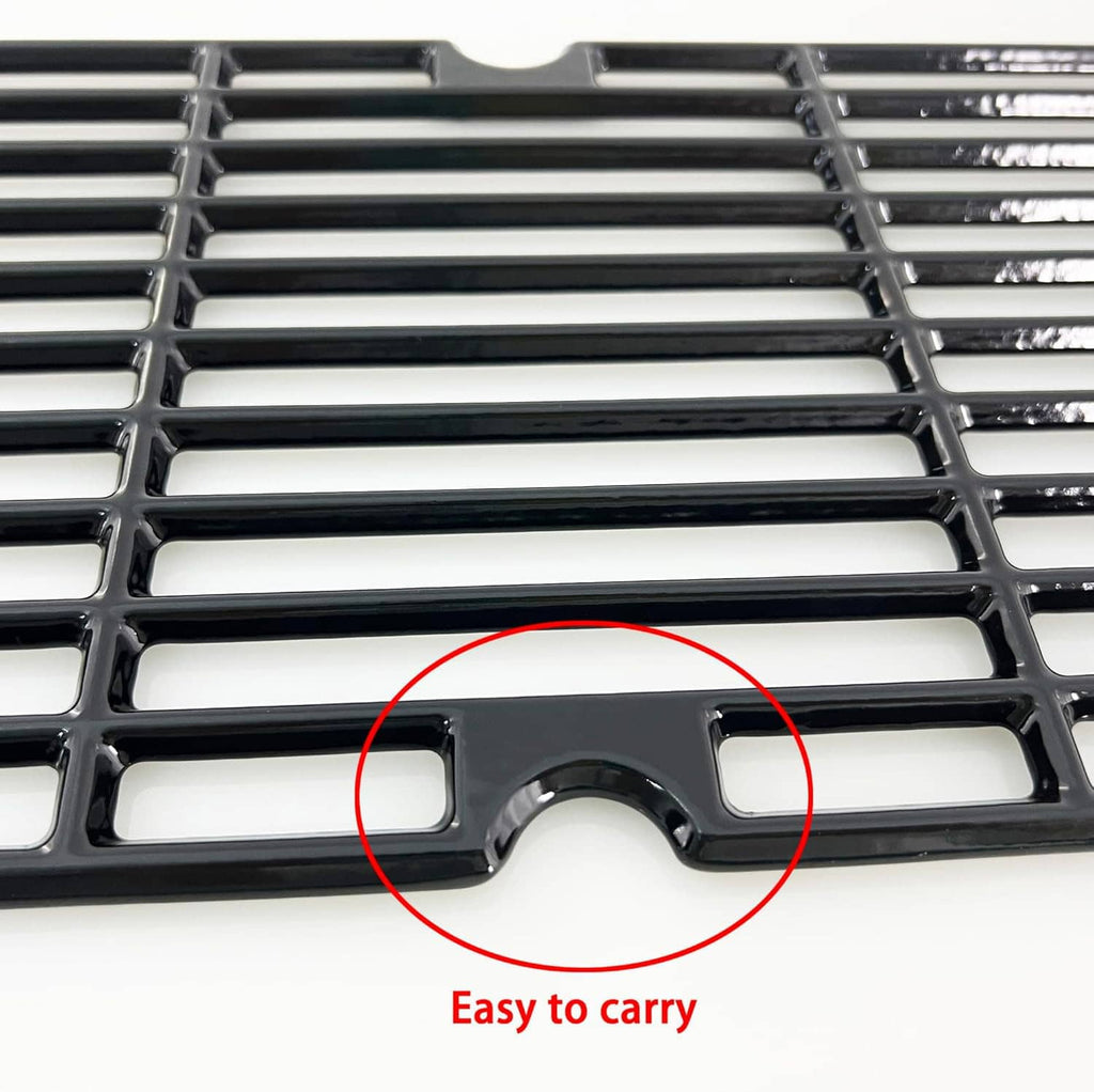 Porcelain-coated cast iron cooking grate with black side carry notch detail