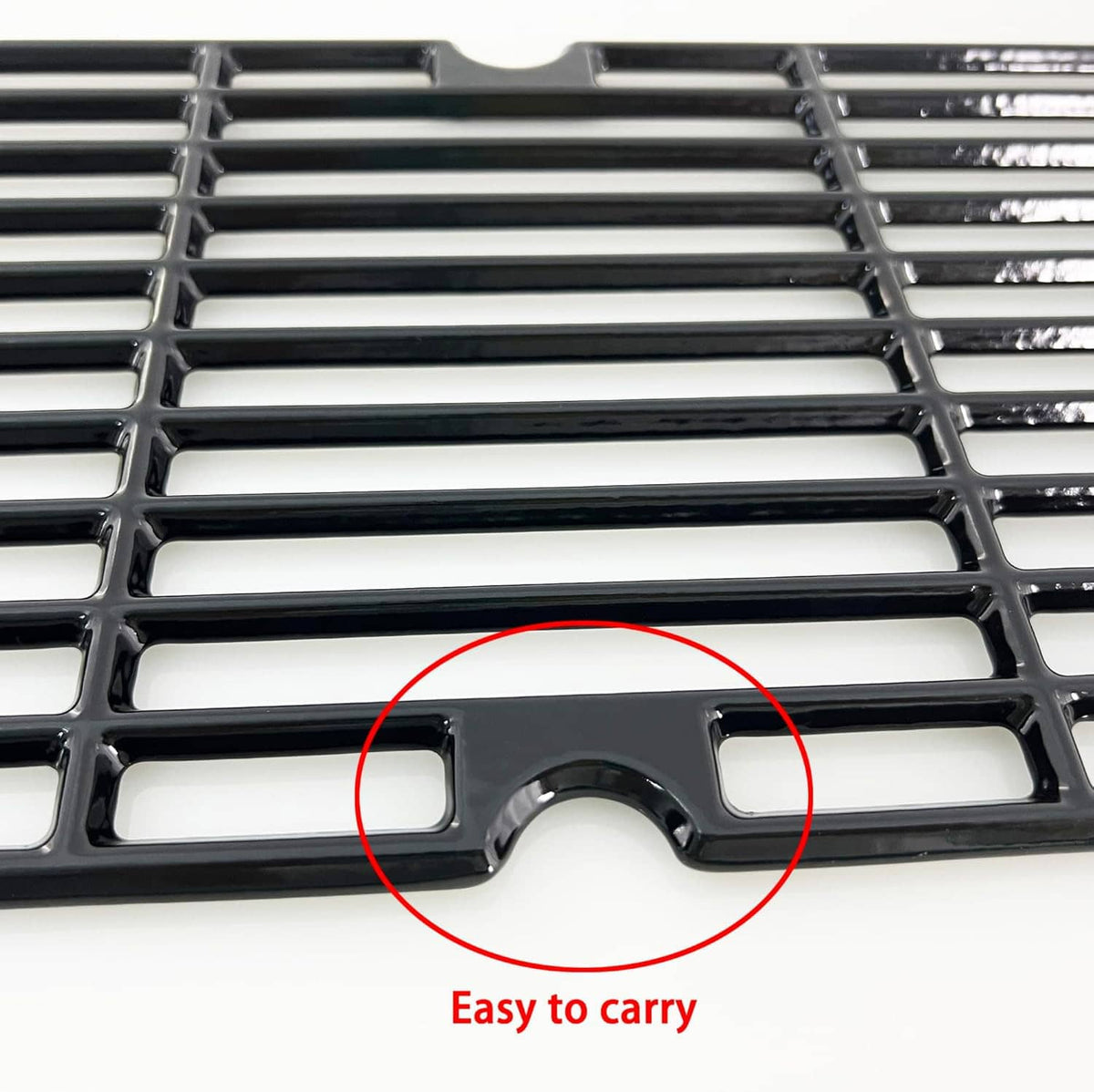 Porcelain-coated cast iron cooking grate with black side carry notch detail