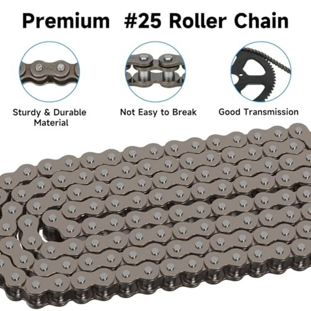 Gray #25 roller drive chain close-up of metal links and rollers.