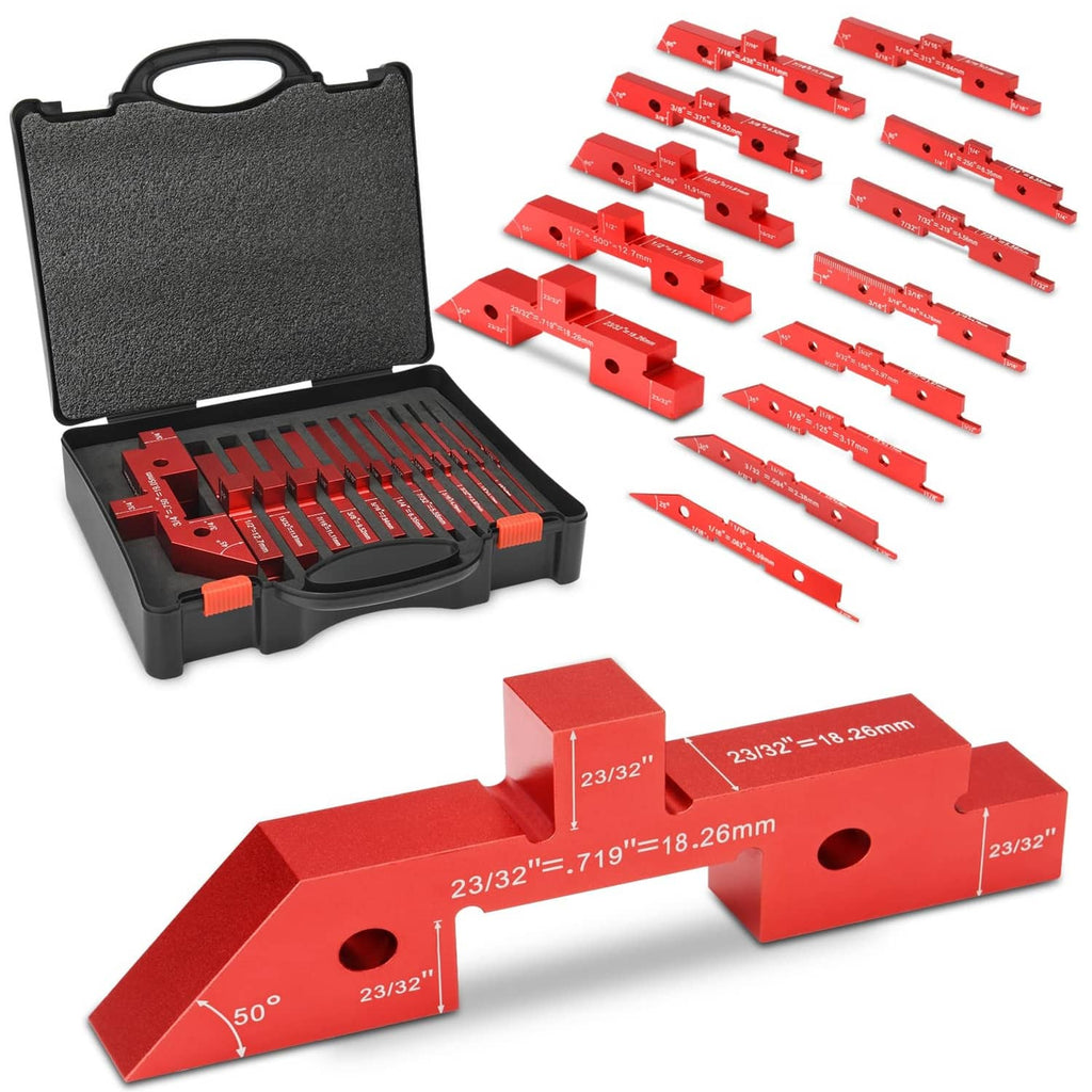 Red aluminum woodworking setup block set with 14 pieces in a black storage case