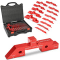 Red aluminum woodworking setup block set with 14 pieces in a black storage case