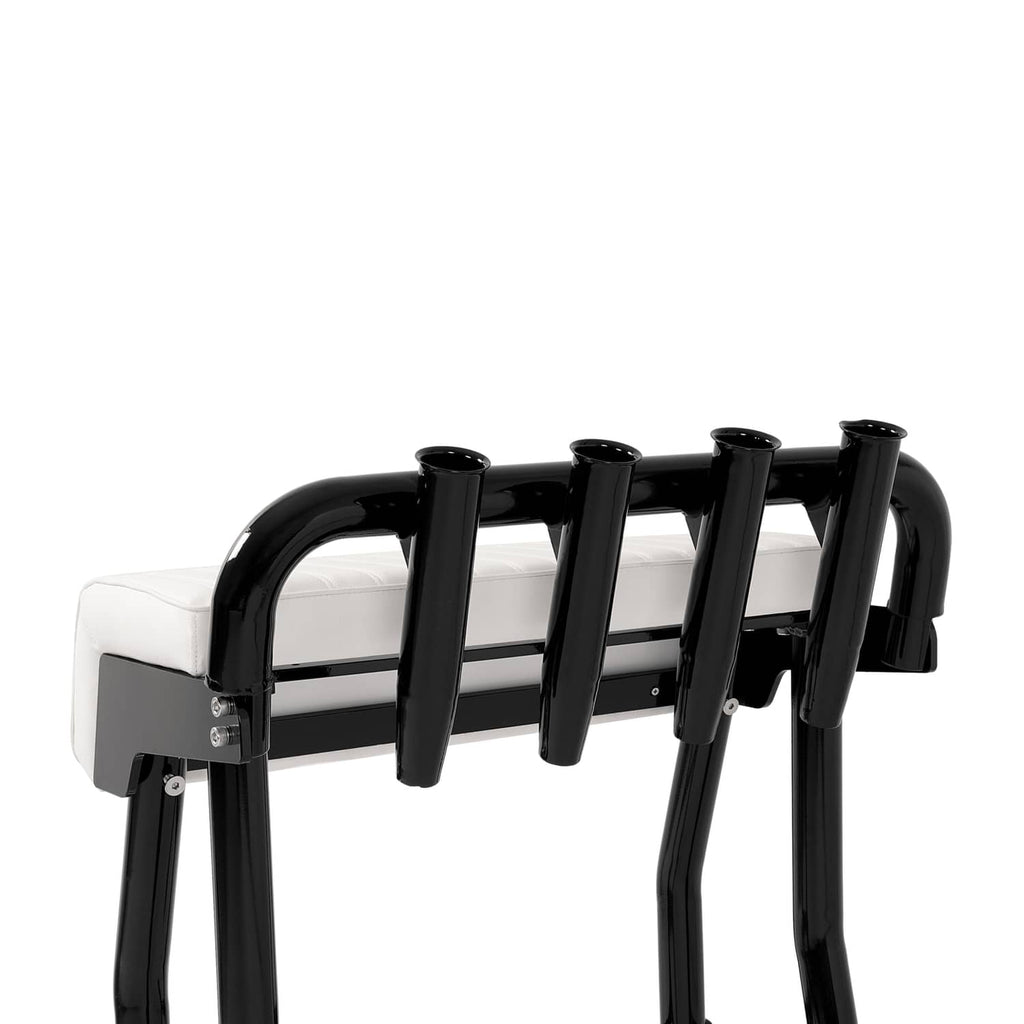 Angled view of black leaning boat seat with white cushion and four rod holders